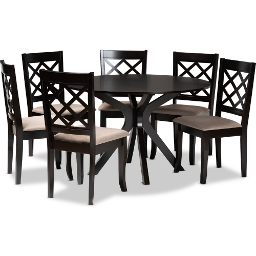 Jana 7 Piece Dining Set in Sand Fabric & Dark Wood