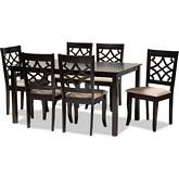 Mael 7 Piece Dining Set in Sand Fabric & Espresso Finish