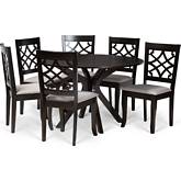 Elena 7 Piece Dining Set in Gray Fabric & Dark Wood