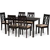 Cherese 7 Piece Dining Set in Sand Fabric & Dark Brown Wood