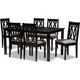 Cherese 7 Piece Dining Set in Gray Fabric & Dark Brown Wood