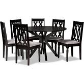 Callie 7 Piece Dining Set in Gray Fabric & Dark Brown Wood