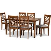Mael 7 Piece Dining Set in Gray Fabric & Walnut Finish