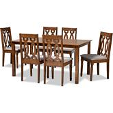 Cherese 7 Piece Dining Set in Gray Fabric & Walnut Finish