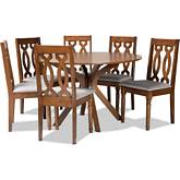 Callie 7 Piece Dining Set in Gray Fabric & Walnut Brown Wood