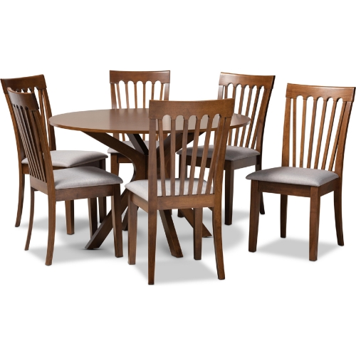 Lore 7 Piece Dining Set in Gray Fabric & Walnut Finish