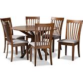Lore 7 Piece Dining Set in Gray Fabric & Walnut Finish