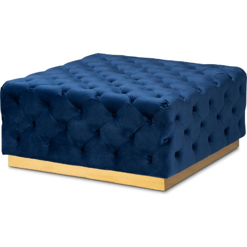 Verene Square Cocktail Ottoman in Tufted Blue Velvet & Gold Metal