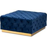 Verene Square Cocktail Ottoman in Tufted Blue Velvet & Gold Metal