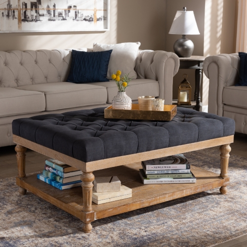 Linda Cocktail Ottoman in Charcoal Linen & Gray Wash Wood