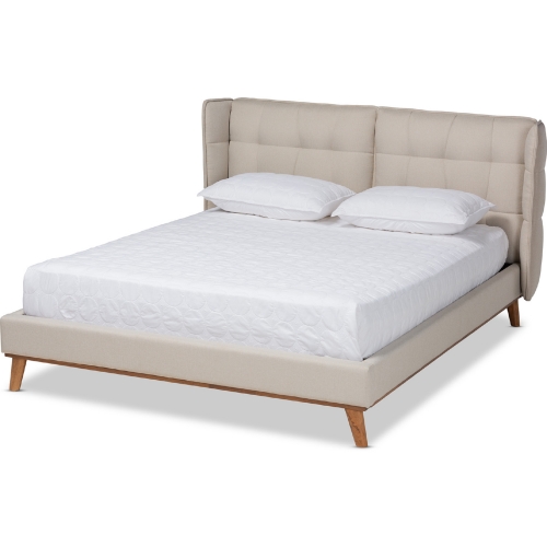 Gretchen Queen Platform Wingback Bed in Beige Fabric & Walnut Finish