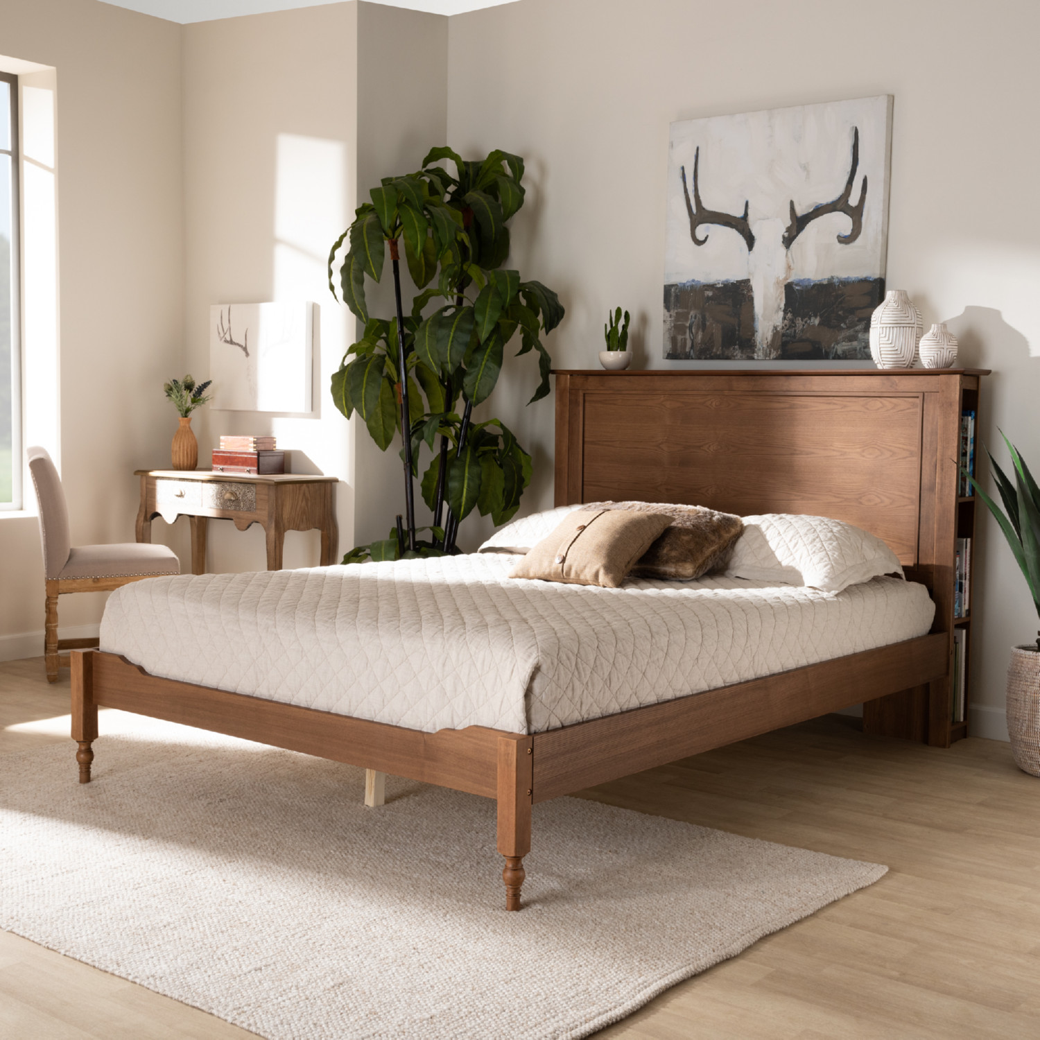 Baxton MG0018-Ash Walnut-King Danielle King Platform Storage Bed