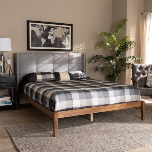 Edmond King Platform Bed in Gray Fabric & Ash Walnut