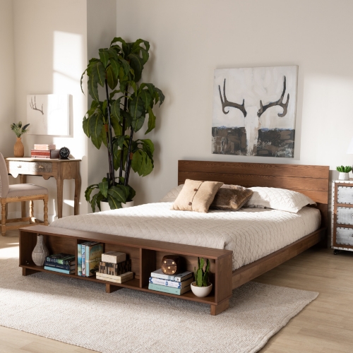 Regina Queen Platform Storage Bed & Shelves in Ash Walnut Finish