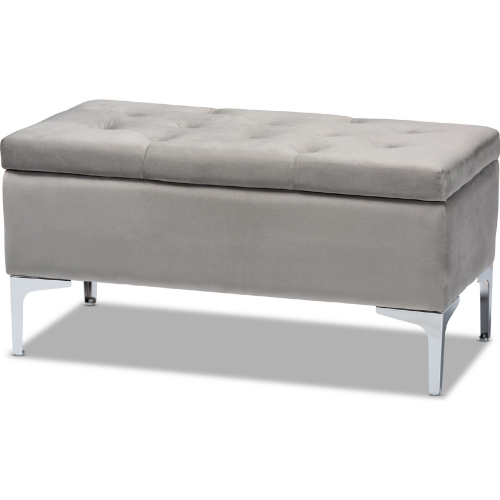 Mabel Storage Ottoman in Gray Velvet & Silver Metal