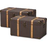 Stephen 2 Piece Storage Trunk Set in Dark Brown Fabric & Oak Finish