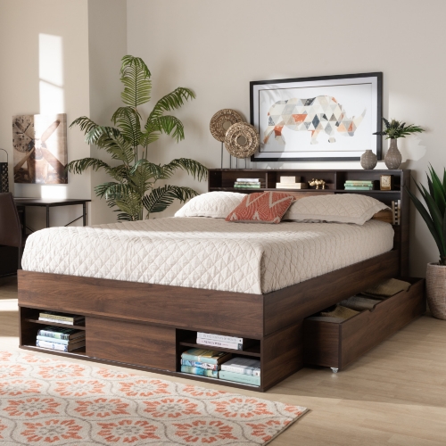 Tristan Queen Platform Storage Bed with Shelves in Walnut Finish