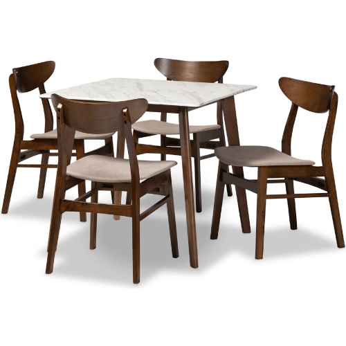 Paras 5 Piece Dining Set in Beige Fabric, Faux Marble & Walnut Finish