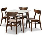 Paras 5 Piece Dining Set in Beige Fabric, Faux Marble & Walnut Finish