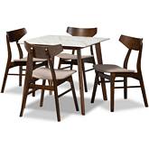 Pearson 5 Piece Dining Set in Beige Fabric, Faux Marble & Walnut Finish