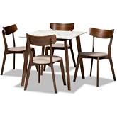 Reba 5 Piece Dining Set in Beige Fabric, Faux Marble & Walnut Finish
