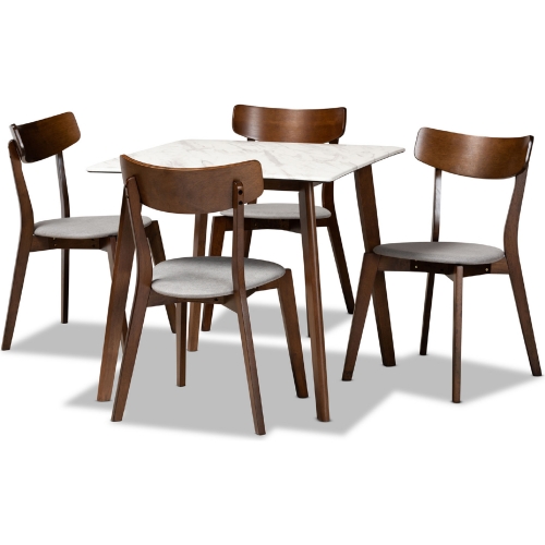 Reba 5 Piece Dining Set in Gray Fabric, Faux Marble & Walnut Finish