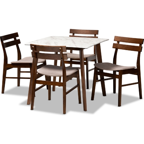 Richmond 5 Piece Dining Set in Beige Fabric, Faux Marble & Walnut Finish