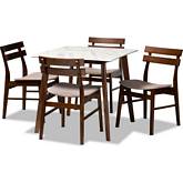 Richmond 5 Piece Dining Set in Beige Fabric, Faux Marble & Walnut Finish