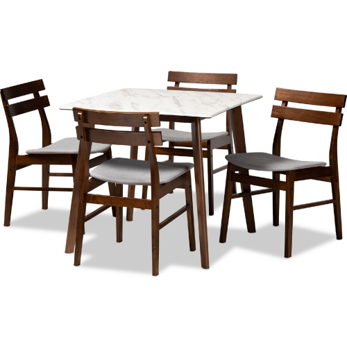Richmond 5 Piece Dining Set in Gray Fabric, Faux Marble & Walnut Finish