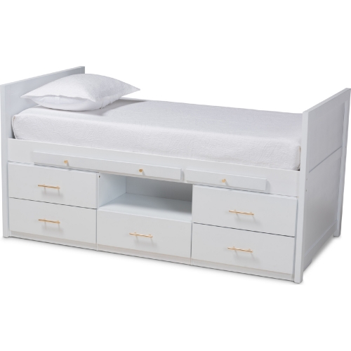 Mirza Twin Storage Bed with Pull Out Desk in White Wood