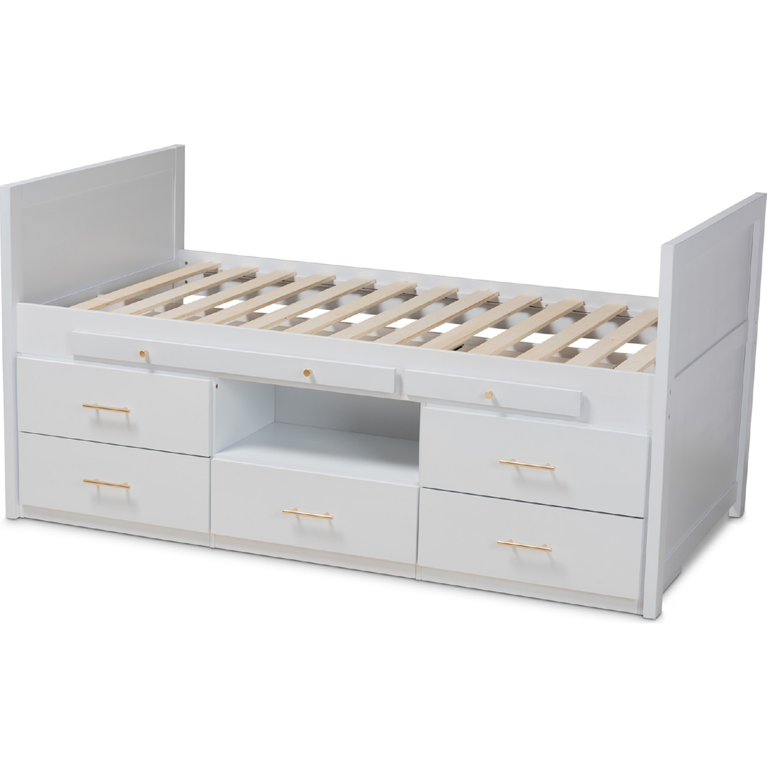 Baxton MG0041-White-Twin Mirza Twin Storage Bed with Pull Out Desk