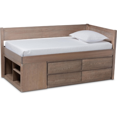 Levon 4 Drawer Twin Storage Bed in Antique Oak Finish Wood