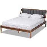 Helsa Queen Platform Bed in Tufted Dark Gray Fabric & Walnut Finish