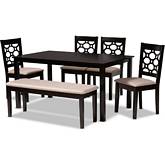 Gabriel 6 Piece Dining Set in Sand Fabric & Dark Brown Wood