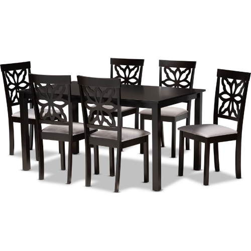 Dallas 7 Piece Dining Set in Gray Fabric & Dark Wood