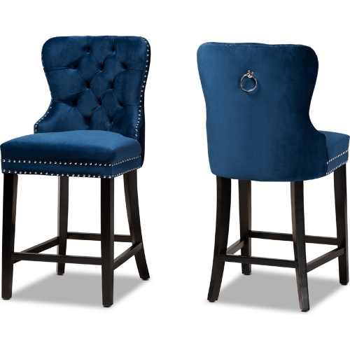 Howell Counter Stool in Navy Blue Velvet & Dark Wood (Set of 2)