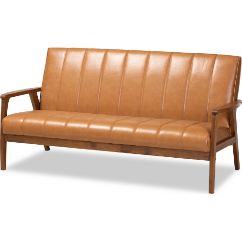 Nikko Sofa in Tan Leatherette & Walnut Finish
