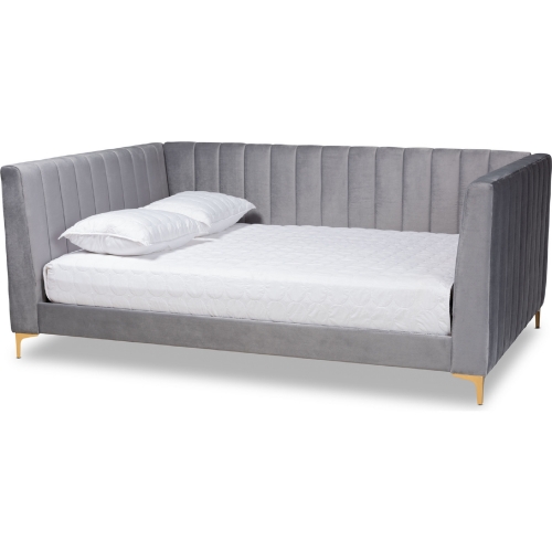 Oksana Full Daybed in Channel Tufted Light Gray Velvet & Gold