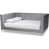 Oksana Full Daybed in Channel Tufted Light Gray Velvet & Gold