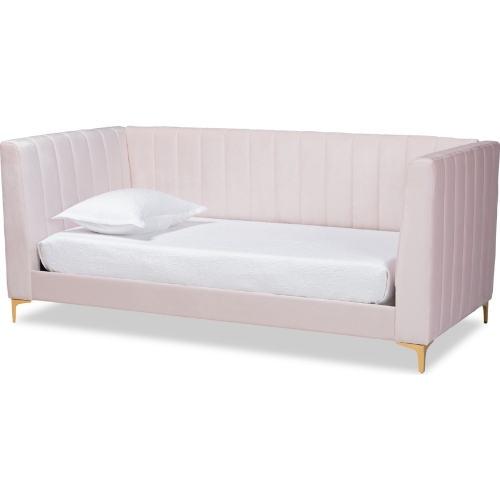 Oksana Twin Daybed in Channel Tufted Light Pink Velvet & Gold