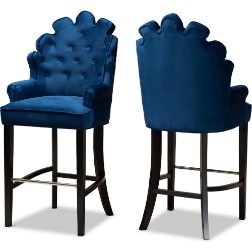 Chloe Bar Stool in Navy Blue Velvet & Dark Wood (Set of 2)
