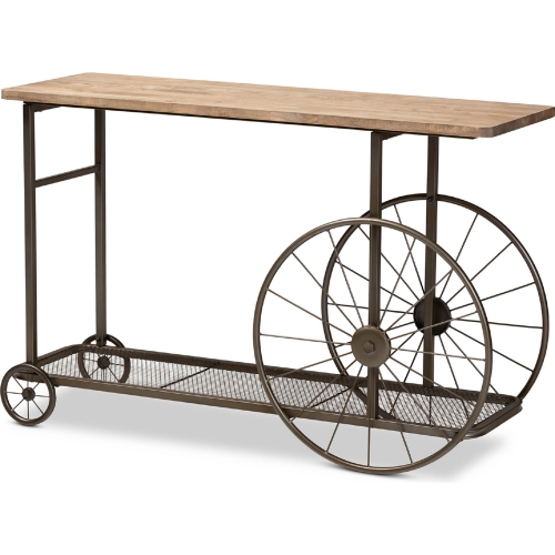 Terence Wheeled Console Table in Natural Finish Wood & Black Metal