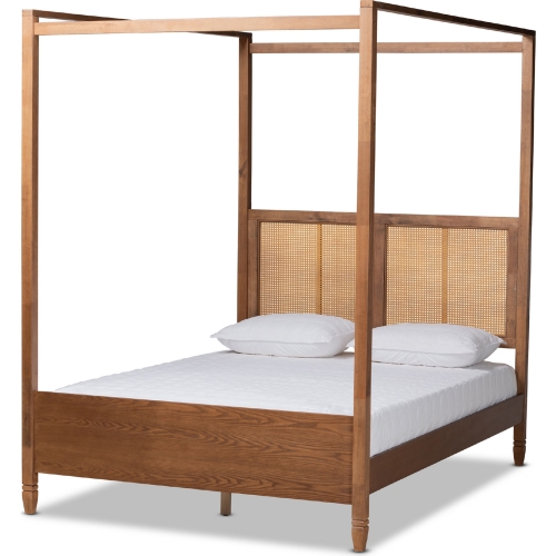 Malia King Canopy Bed in Walnut Finish & Synthetic Rattan