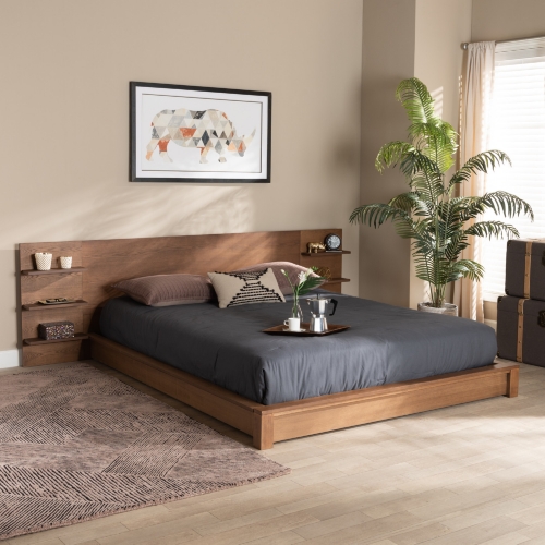 Elina Queen Platform Storage Bed in Walnut Brown Wood