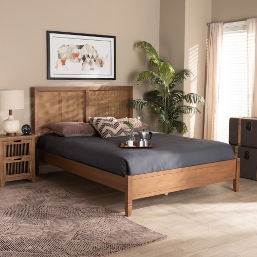 Redmond Queen Platform Bed in Walnut Finish & Synthetic Rattan