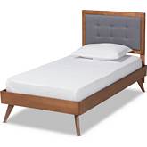 Alida Twin Platform Bed in Dark Gray Fabric & Walnut Brown Finish