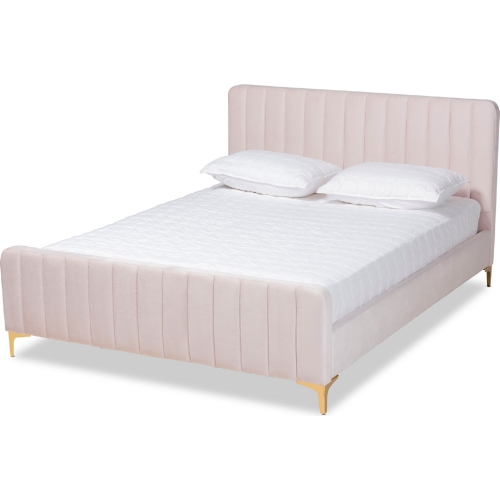 Nami Queen Platform Bed in Tufted Light Pink Velvet & Gold