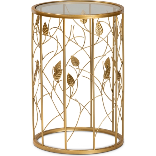 Anaya Leaf End Table in Brushed Gold Metal & Tempered Glass