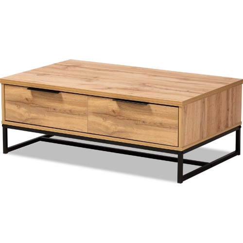 Franklin 2 Drawer Coffee Table in Oak Finish Wood & Black Metal
