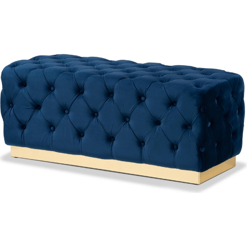 Corrine Ottoman in Tufted Navy Blue Velvet & Gold Leatherette
